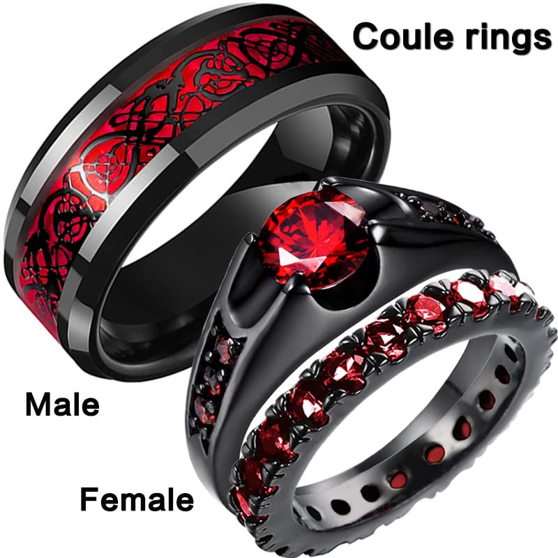 Ruby Matching Couple Rings Bridal Sets His and Hers 925 Sterling Silver Black Couple Ring Set Wedding Engagement Band Set Women Men4