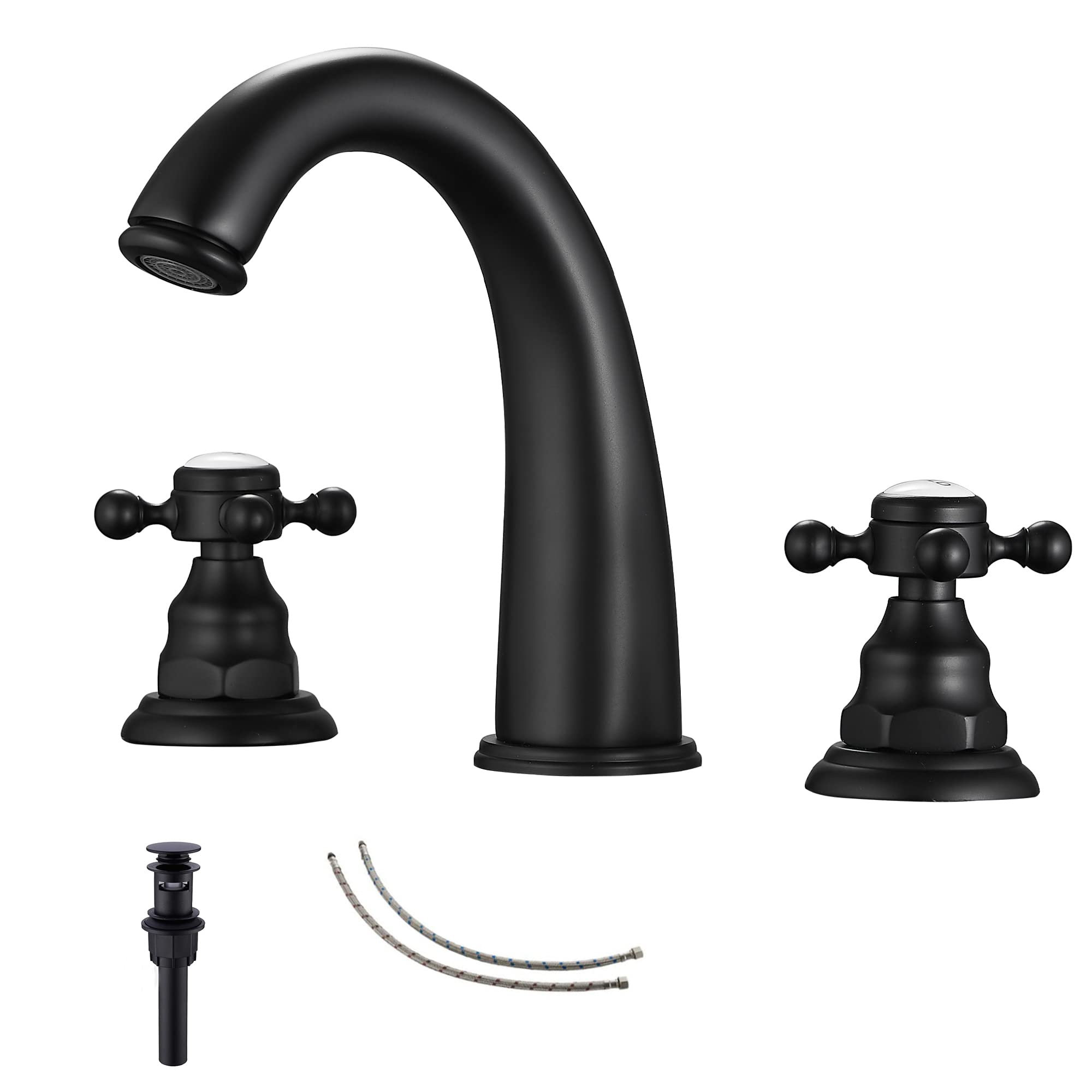 GGStudy Matte Black Bathroom Faucet 2 Handles 3 Holes Faucet 8 inch Black Widespread Bathroom Sink Faucet Tap Mixer Supply Hose Included Matching Pop Up Drain
