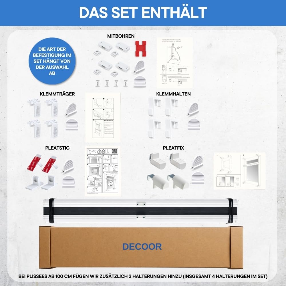 Plissee nach Maß, ohne/mit Bohren, Breite 120-160 cm, Höhe 120-219 cm | 6 Stofftypen, 31 Farben, 12 Profilfarben, Sichtschutz, Thermo, Verdunkelung, Wabenplissee, für Fenster und Tür