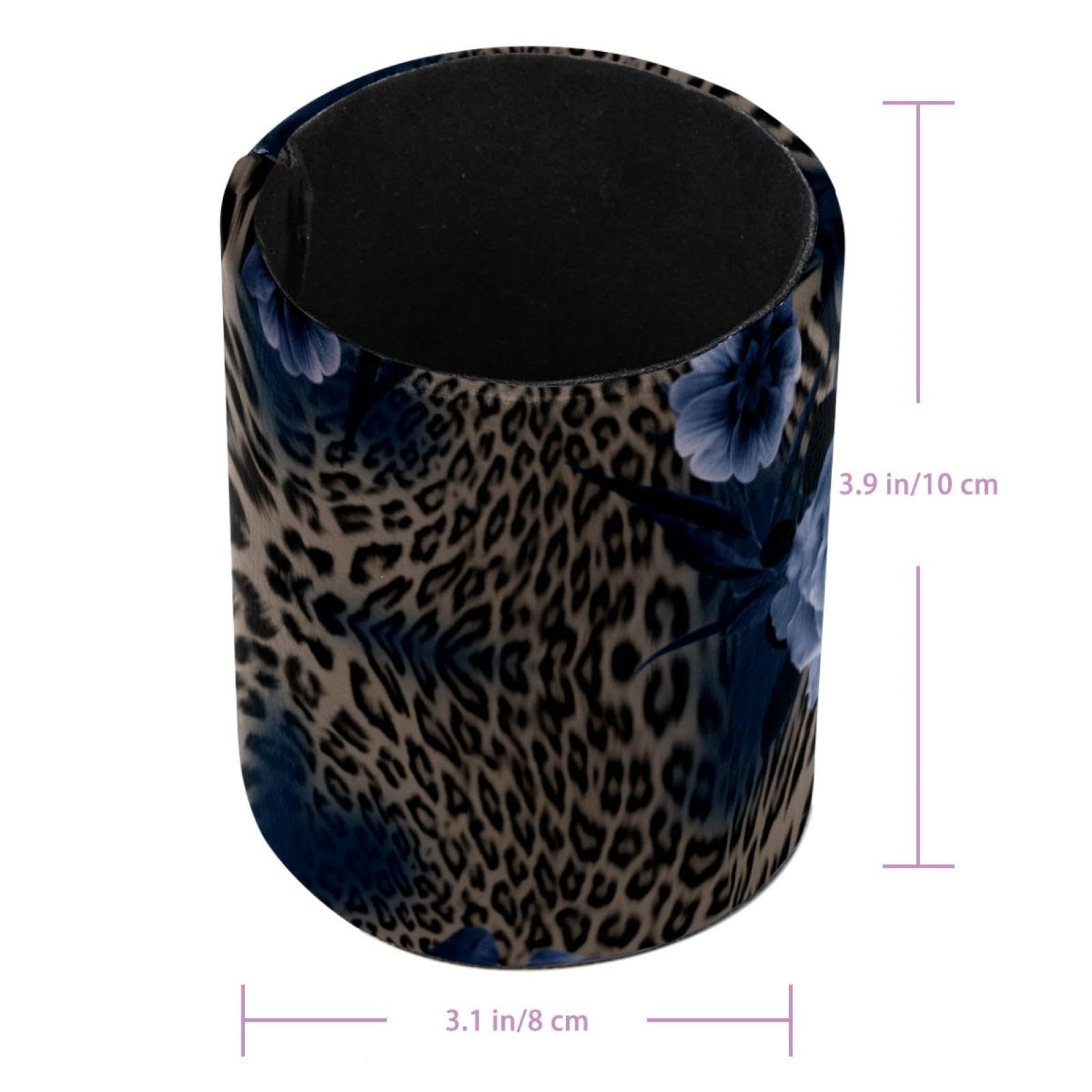 Pot à crayons rond en cuir synthétique avec motif léopard et fleur bleue pour bureau et décoration d'intérieur