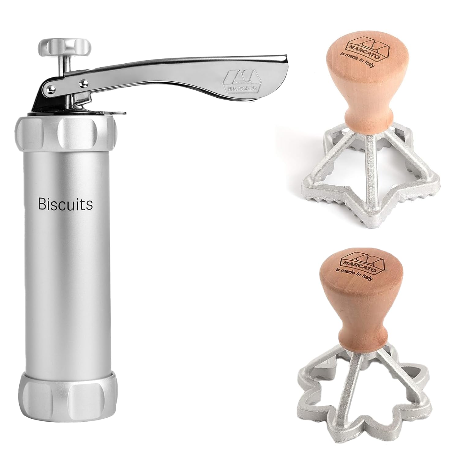 Plätzchen Zubereitungsset, Backzubehör, Plätzchenspritze + 20 Aufsätze + 1 Sternform + 1 Blumenform, Qualitätsmaterialien, Made in Italy