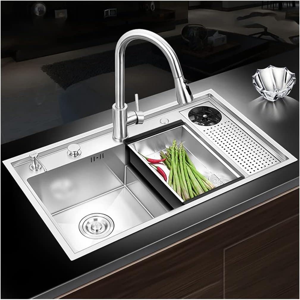 Fregadero de cocina de acero inoxidable con perilla de drenaje y bandeja móvil, kit completo de instalación para estación de trabajo