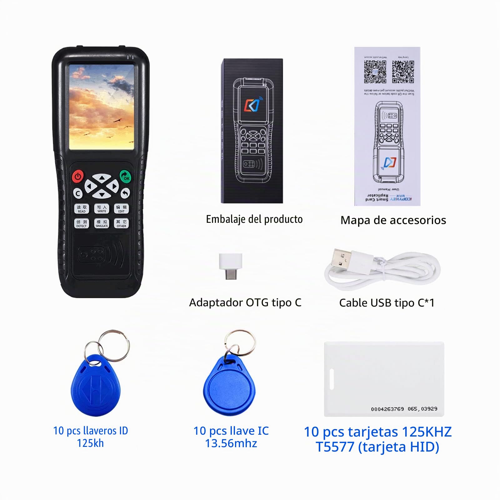 Copiadora RFID, identificación de múltiples Frecuencias de Mano, Lector de Tarjetas IC, Escritor, copiadora, Llave de Tarjeta Inteligente con Llavero de identificación de 125 kh (Tarjeta HID)