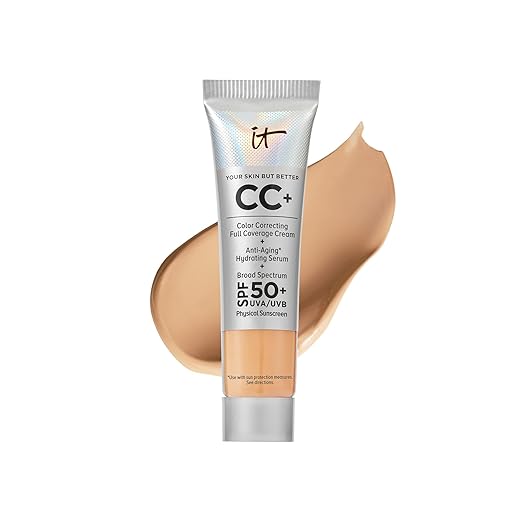 IT Cosmetics CC+ Cream Travel - Full-Coverage Foundation With SPF 50, Color Corrector & Anti-Aging Serum, Formulated With Niacinamide & Hyaluronic Acid, Natural Finish, For All Skin Types, 0.4 fl oz