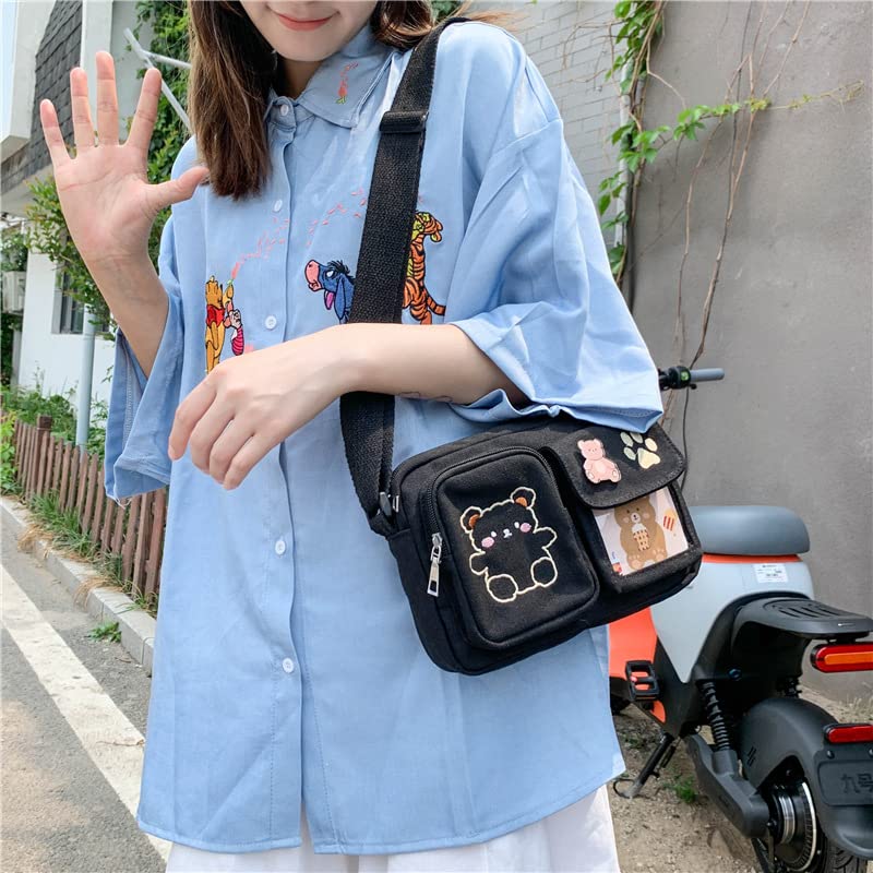 Kawaii Mini Purse Cute Small Wallets Aesthetic Bear Embroidery Crossbody Bag Ita Messenger Bag Accessories Preppy Stuff (Black,Small)2