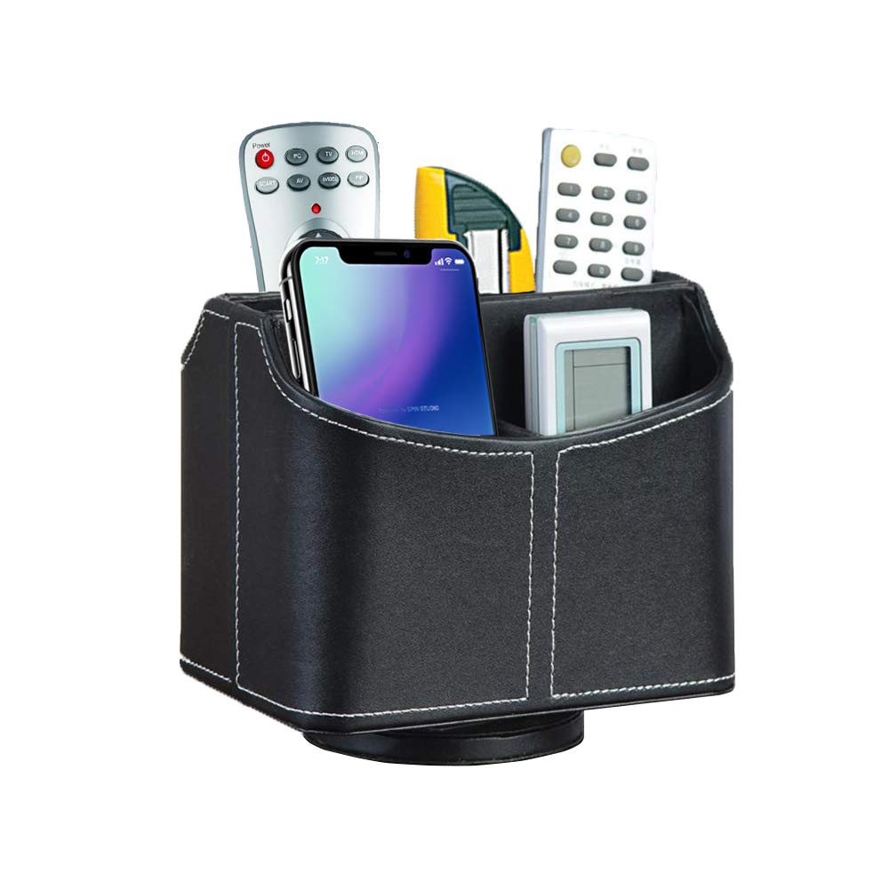 Fosinz Remote Control Holder PU Leather 360 Degree Rotatable Desk Organiser TV Pen Storage Caddy with 5 Compartments for Living Room & Office (Brown)