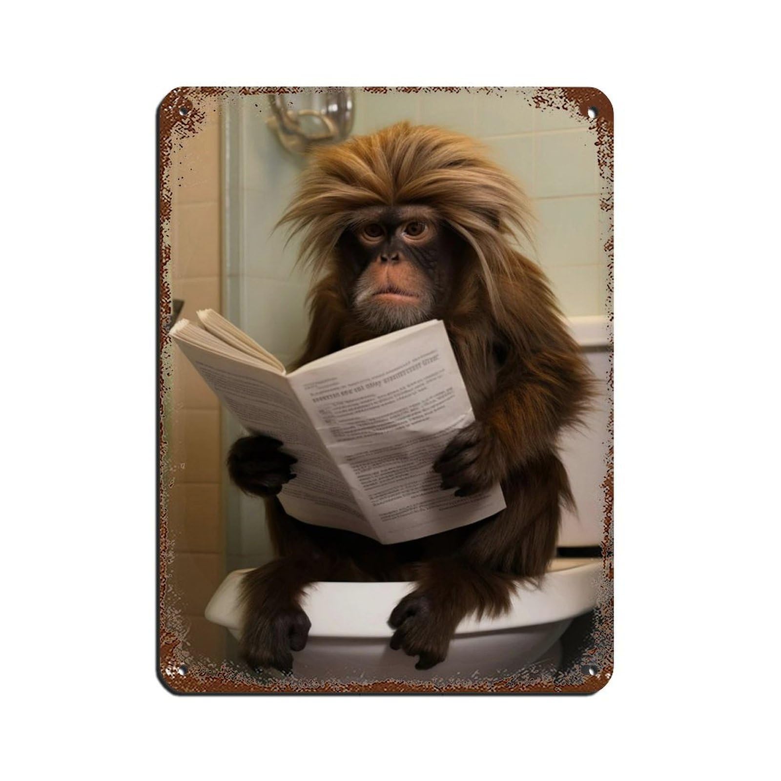 Tamarin Monkey Sitting on The Toilet Reading A Newspaper (7) Tin Sign Vintage Metal Pub Club Cafe Bar Home Wall Art Decoration Poster Retro 12x16inch(30x40cm)