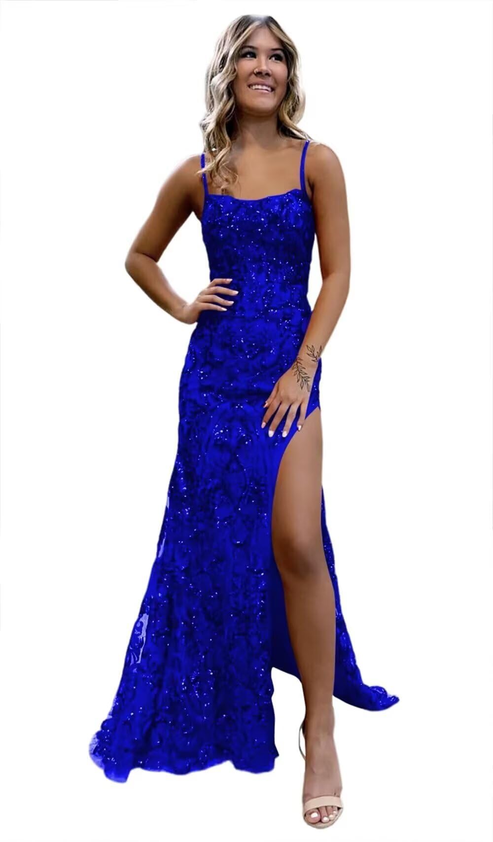 WENKAFO Square Neck Sparkly Sequin Prom Dresses with Slit Long for Women Spaghetti Straps Mermaid Formal Evening Gowns WA065