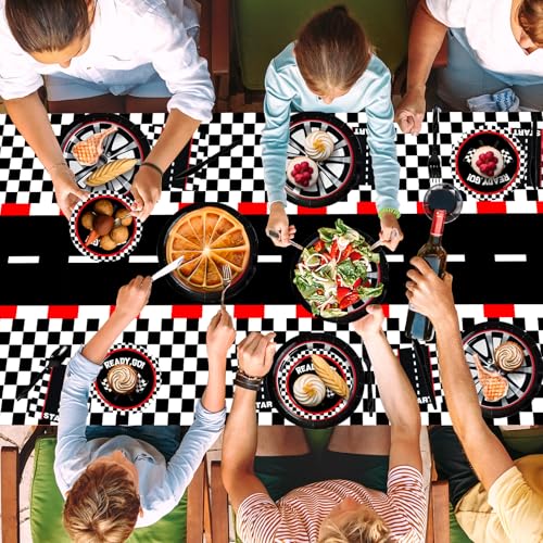 Image of WNINK 3 PCS Racing Car Theme Tablecloths Car Disposable Plastic Tablecloths Black Checkered Flag Table Covers Racetrack Rectangular Tablecloth for Race Car Birthday Party Decorations, 54 x 108 Inch