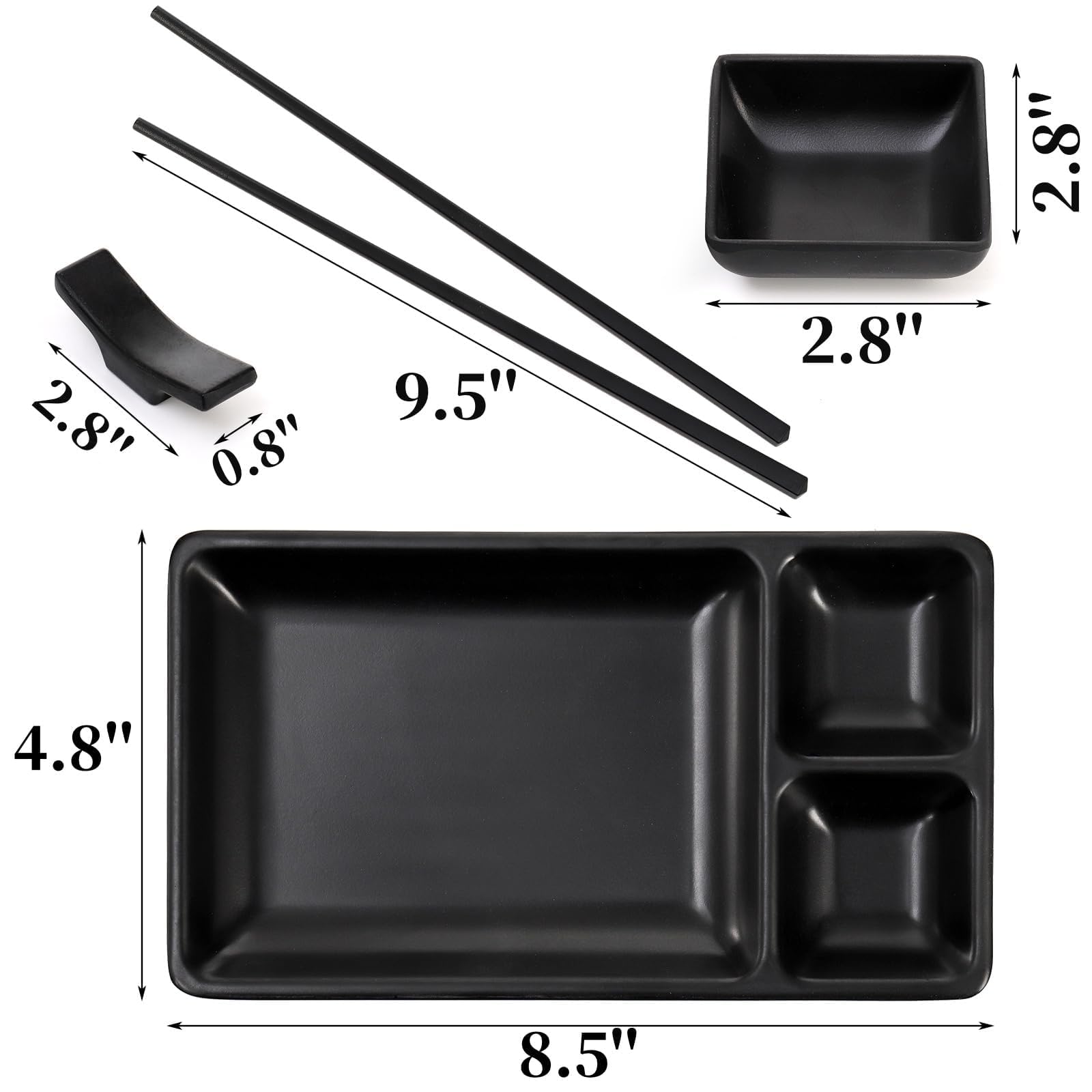16 Piece Japanese Sushi Plate Set, Melamine Sushi Serving Set, Sushi Dinnerware Set - Includes 4 Sushi Serving Plates, 4 Sauce Dishes, 4 Pairs of Chopsticks, 4 Chopstick Holders (Black)