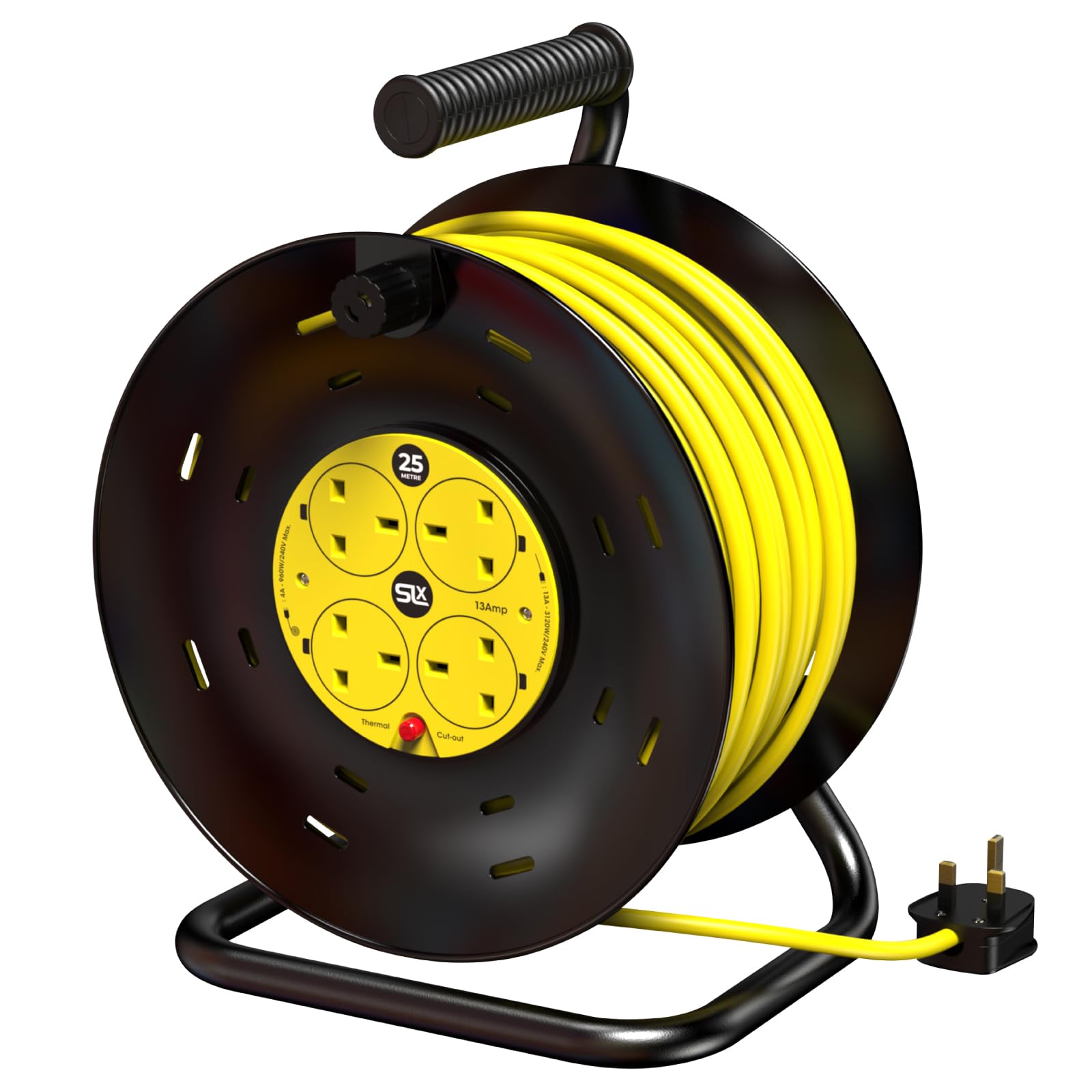 Slx Yellow Extension Lead 25M Heavy Duty Cable Reel, 4 Socket Cord Reel Uk Plug Socket With Thermal Cut-Out Protection 13A Fused Plug