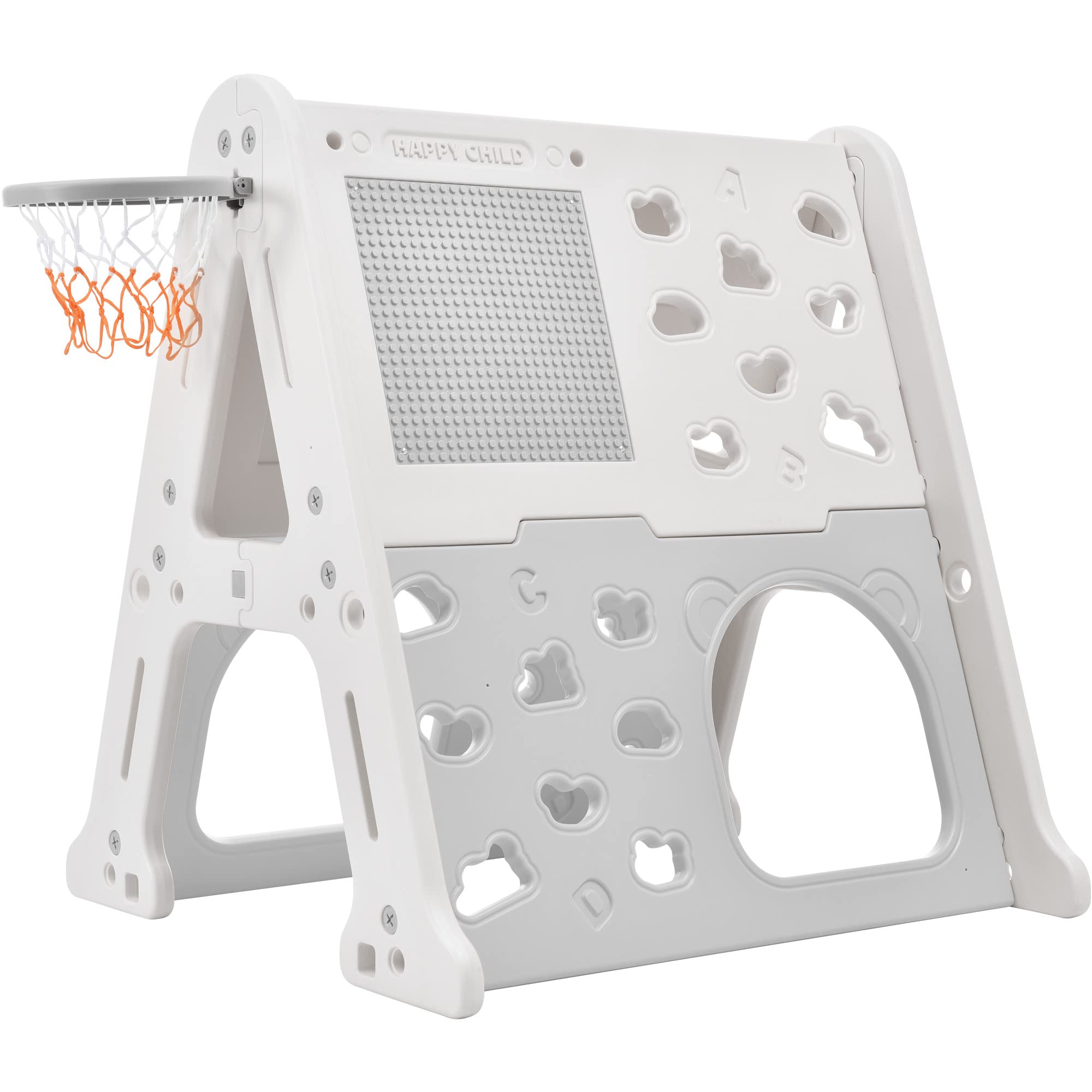 LKJYBG 5-in-1 Toddler Climber Basketball Hoop Set Playground Climber Playset with Tunnel Climber Whiteboard Building Block Baseplates for Boys Girls Gifts Gray
