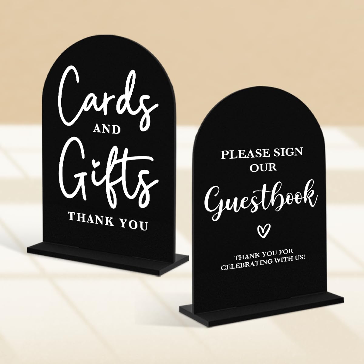 Photo 1 of 2 Pcs Acrylic Wedding Signs for Ceremony and Reception, Bridal Shower Decorations, Cards and Gifts Signs, Guest Book Sign, Arch Acrylic Table Top Sign with Holder for Wedding Reception (Black)