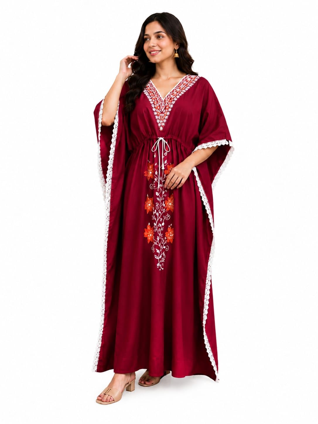 Embroidered Kaftan Nighty with Floral Print V-Neck Lace Maroon-image-16