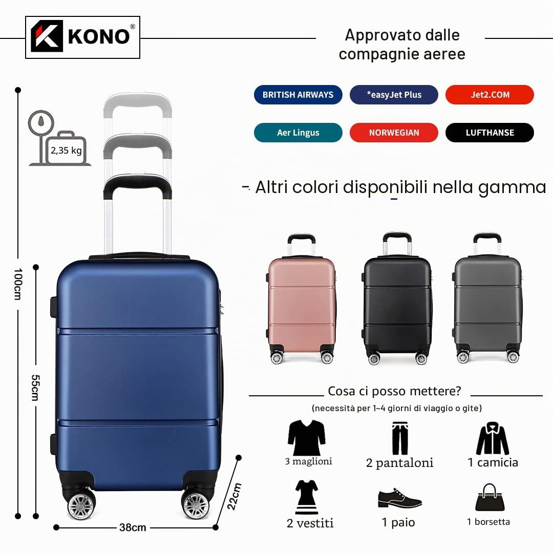 KONO Valigia 50.8 cm da Viaggio a Mano Trolley Bagaglio a Mano Valigie Guscio Rigido Borsa da Viaggio Leggera, Marina Militare, S(55cm 33L)
