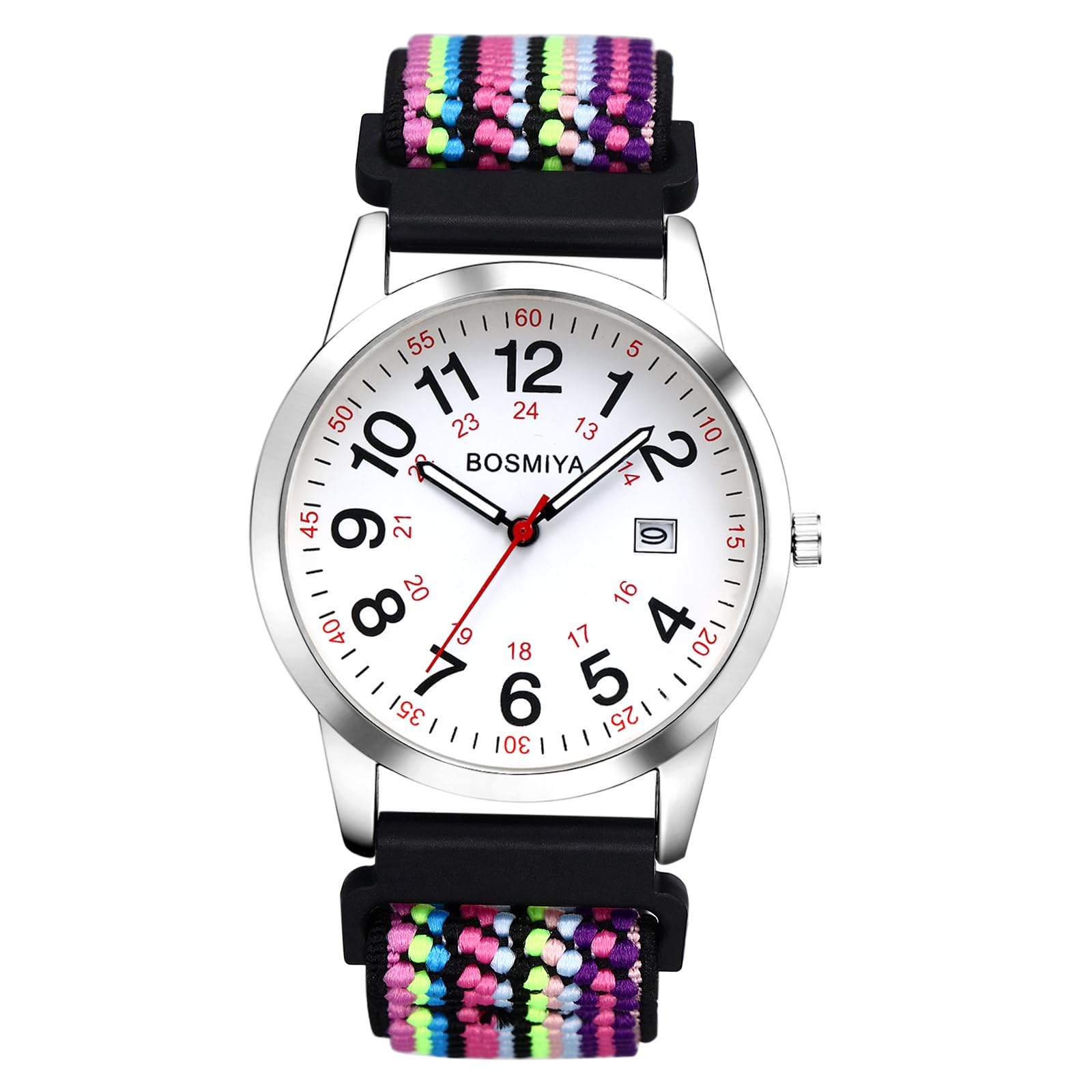 JewelryWe Unisex Braided Elastic Watch: 24-Hour Format Easy-to-Read Calendar Dial Quartz Wristwatch Colorful Strap with Silver Case