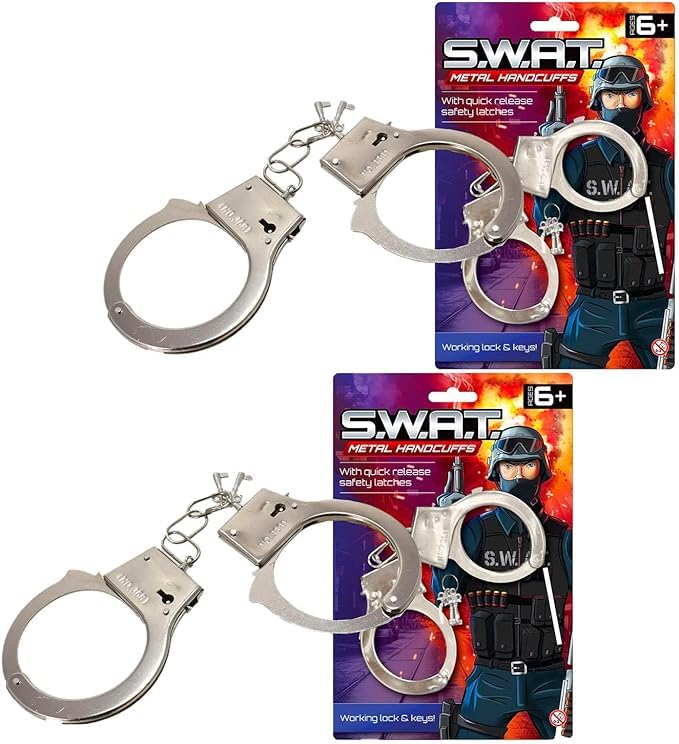 Kids Metal Hand Cuffs, Fancy Dress Police Accessory, SWAT Handcuffs for Pretend Fun Play, Fits Adults and Children