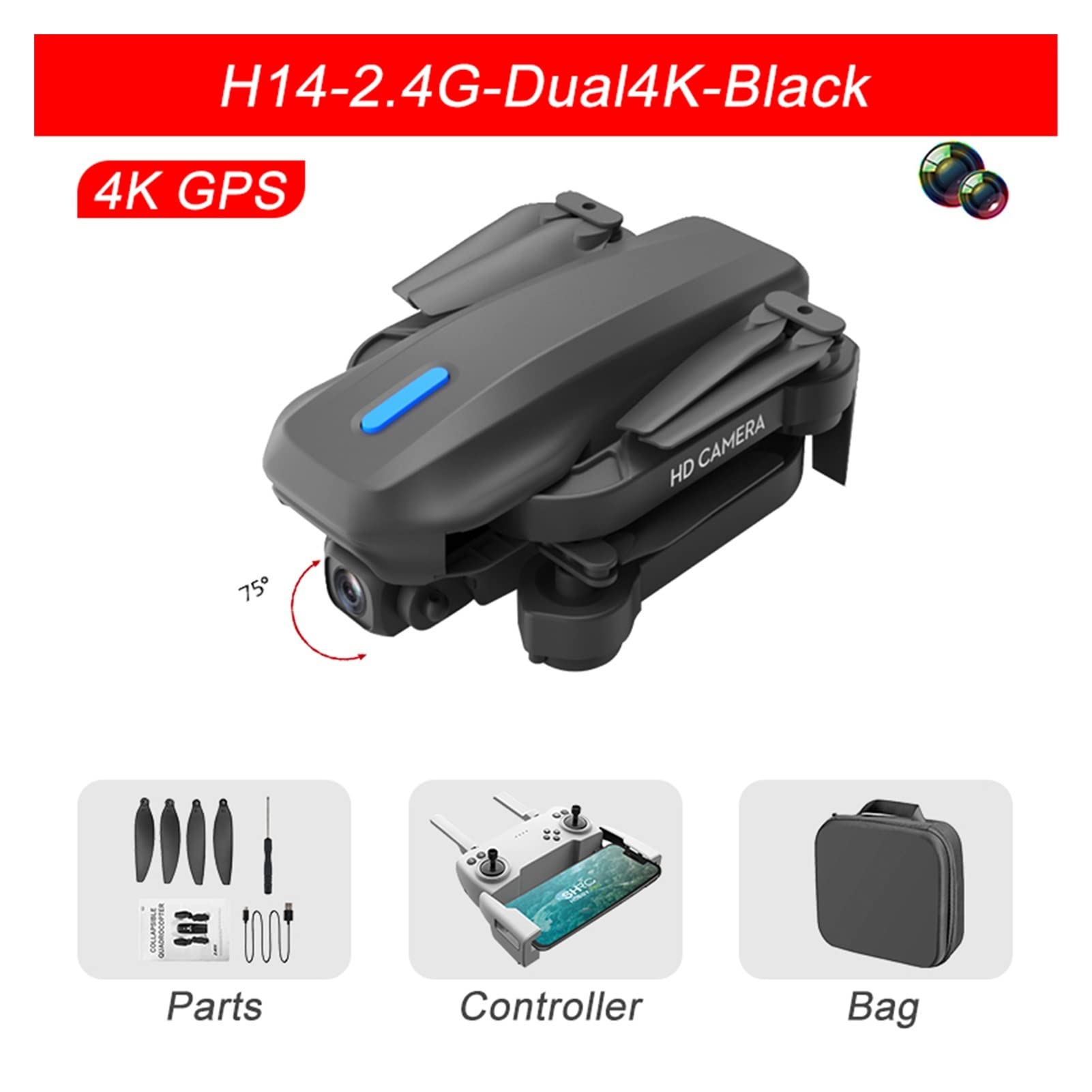 Składany dron Quadcopter RC Drone GPS 4k HD Podwójna kamera 2.4G / 5G WiFi FPV 75 stopni Regulacja elektryczna Tryb bezgłowy Składany helikopter quadcopter (Kolor :-2.4G-Dual4K-2B Rozmiar : 1)