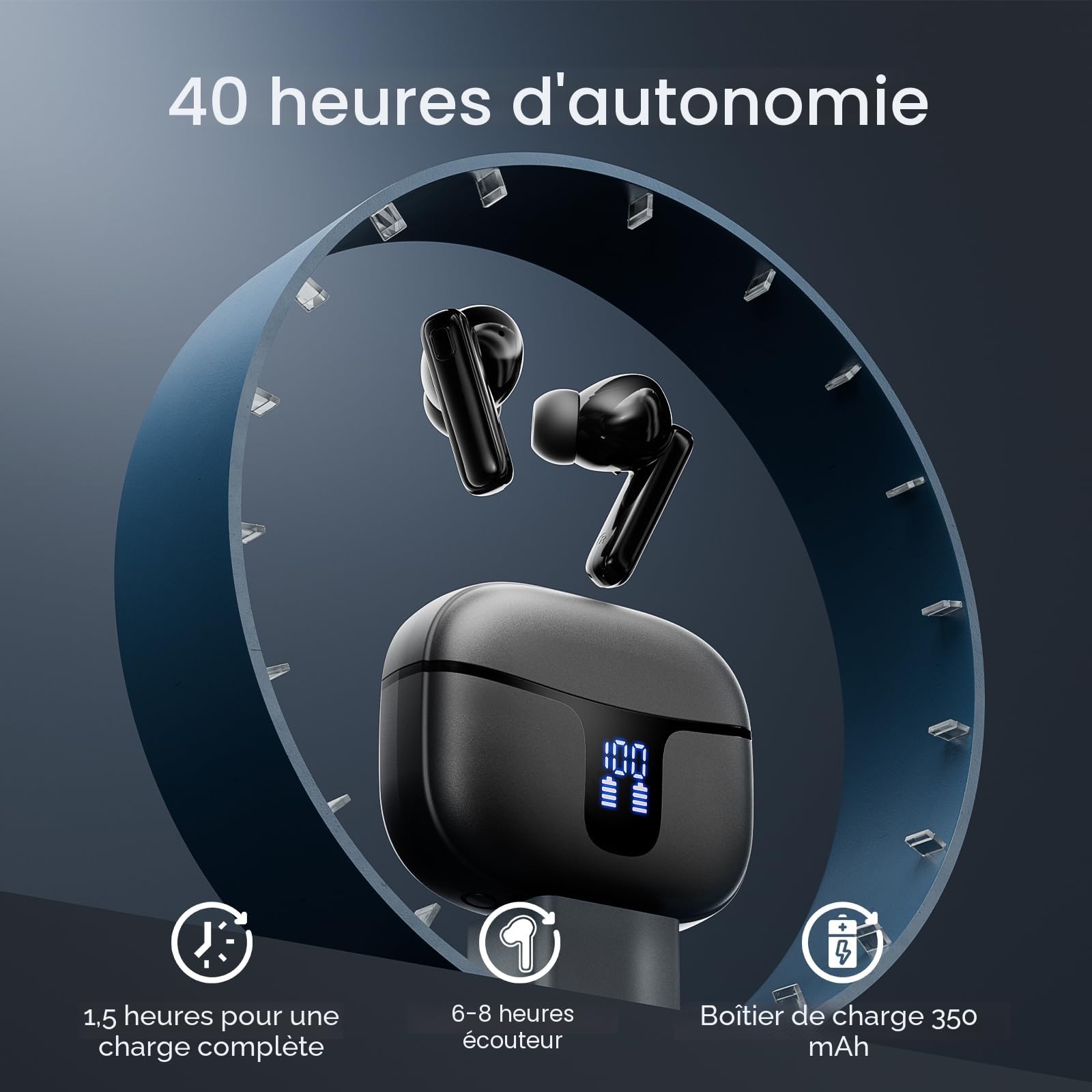 Ecouteurs Bluetooth sans Fil,Écouteurs sans Fil Intra-Auriculaires HiFi Stéréo avec Réduction de Bruit ENC,40H d'Autonomie,IP7 Étanche,Écran LED,Appairage en un Pas, Pour Sport/Téléphone/Travail