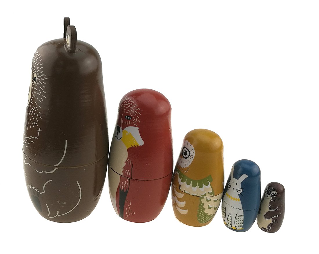 Winterworm - Set di 5 bambole russe lucide a tema animale, orso, volpe, gufo, coniglio, talpa, fatto a mano, per lo sviluppo di abilità
