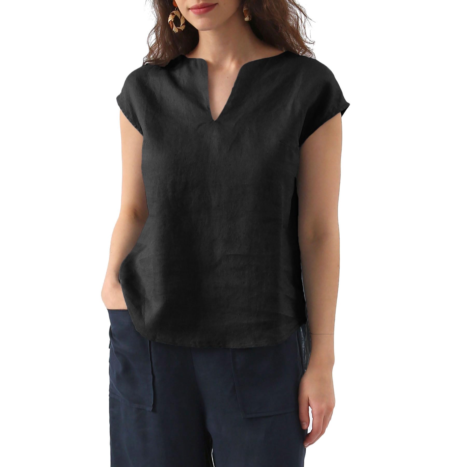 Amazhiyu Camicetta estiva da donna in 100% lino con scollo a V e maniche ad aletta