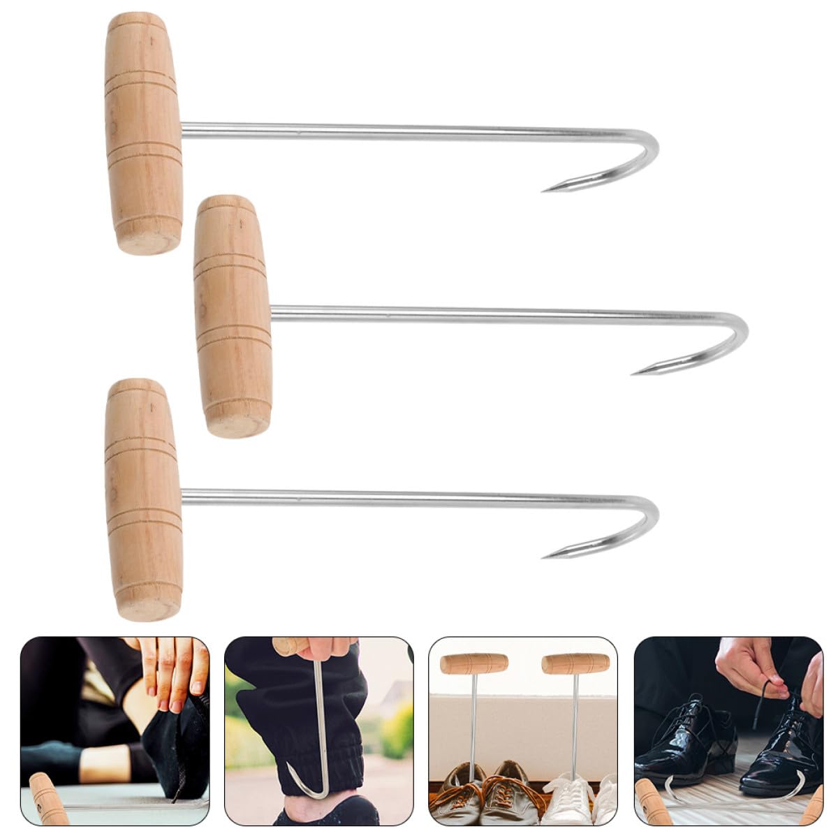 SHINEOFI Set 3 Pezzi Alzacoperte in Acciaio Inossidabile Manico in Legno, Superficie Liscia, Accessorio Aiuto Scarpe per Proteggere Scarpe e Piedi