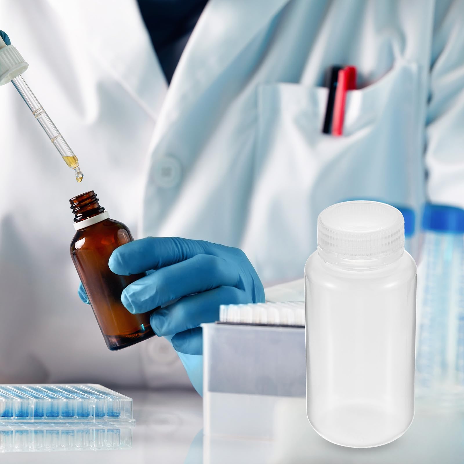 PATIKIL 12 Piezas de Botellas de Reactivo de 250 ml, Botellas Redondas de Boca Ancha de PP con Tapa de Rosca para Almacenamiento de Muestras de Agua de Laboratorio,Sellado, Transparente