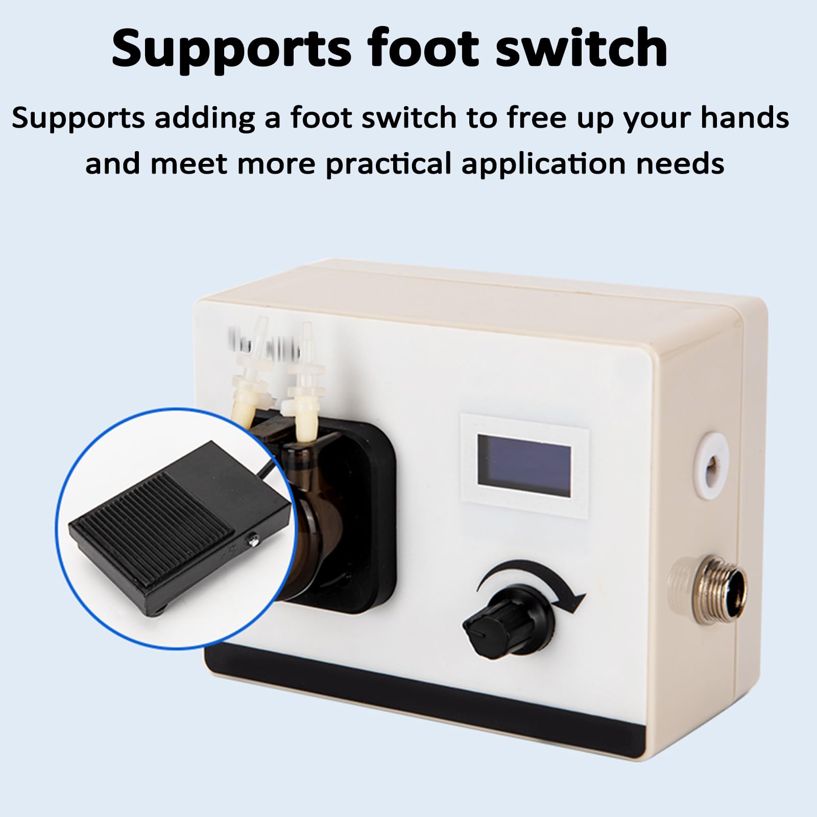 Intelligente Schlauchpumpe, Labordosierpumpe, einstellbarer Durchfluss 0-40 ml/min, OLED-Display, Fußschalter, Silikonschlauch für Labor und Aquarium