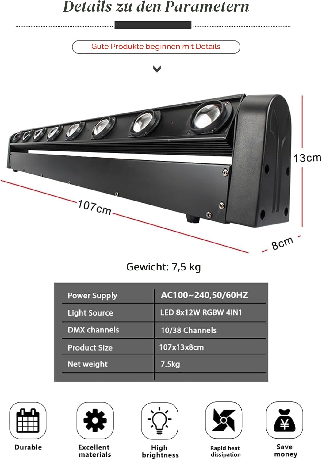 SHEHDS Moving Head Licht Bar LED 8x12W RGBW 4IN1 Strahl- und Blitz-Effekt 8° Linsenwinkel Bühnenlicht Bar 180° Neigung DMX- und Soundsteuerung DJ-Lichter Bar