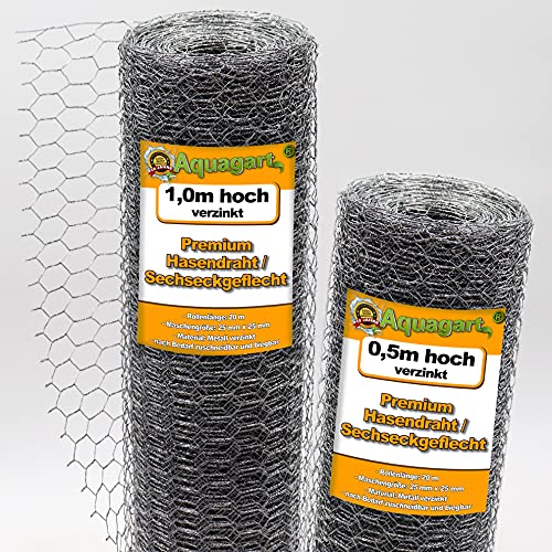Aquagart Maschendrahtzaun Sechseckgeflecht verzinkt I Hühnerzaun Kaninchendraht Hasengitter feinmaschig 25mm x 25 mm I 6-Eck Drahtgeflecht 0,9 mm IHasendraht (verzinkt 100cm, 20m)