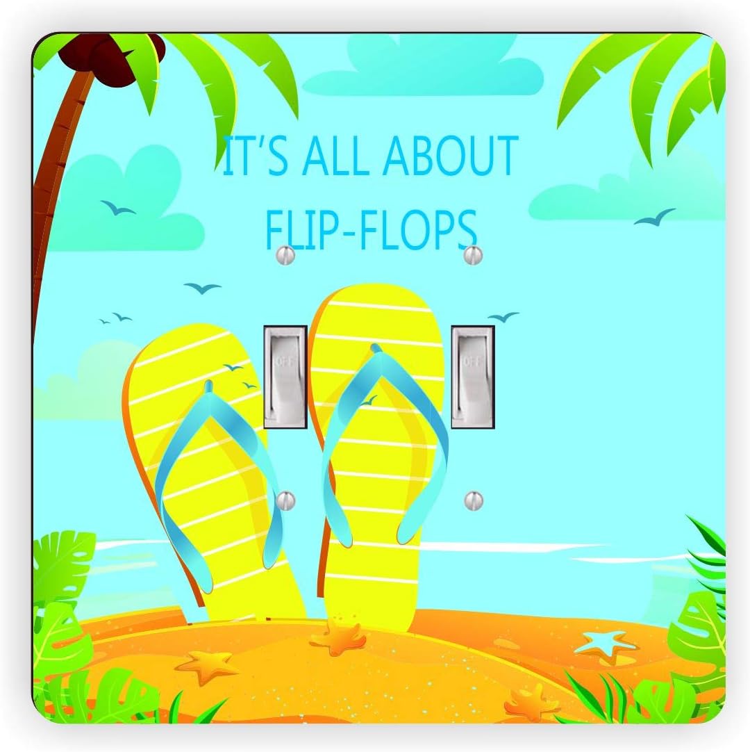 It's All About Flip-Flops Yellow and Blue -Light Switch Plate Cover - Double GFI Double Rocker - Two Gang Switch Plate Cover Switch Plate Cover