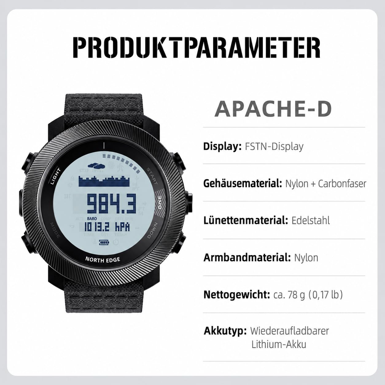 NORTH EDGE Apache-D Herren Outdoor Digitaluhr, 50 m Freitauchuhr mit Tiefenmesser, Kompass, Höhenmesser, Barometer und Schrittzähler