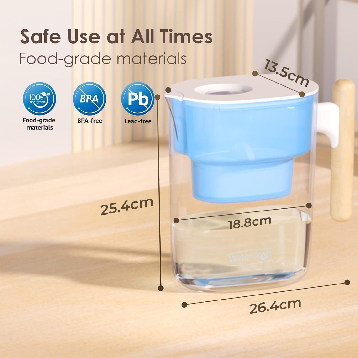 Waterdrop Chubby Cruche de Filtre à eau Avec Filtre 1 × 90 Jours, 3.5 L, Réduit le Fluorure, le Chlore et Plus, Certifiée NSF, Sans BPA, Bleu Clair (Filtre de Remplacement: WD-PF-01A Plus)