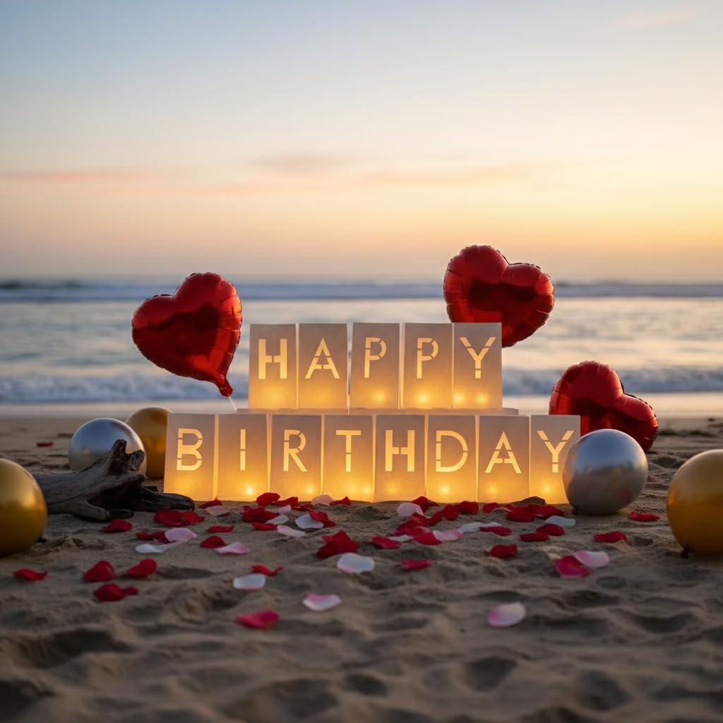 Decoraciones de feliz cumpleaños para mujeres y hombres, juego sorpresa con letras iluminadas, bolsas de papel luminosas, 30 velas LED de té, globos de corazón rojo, 1000 pétalos de rosa