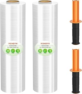 MUNBYN Stretch Wrap, Stretch Film Roll with Handles Industrial Strength, Plastic Wrap for Moving, Shrink Wrap Roll for Pallet Wrap, 15 Inch x 1000 Ft, 2 Pack, 60 Gauge