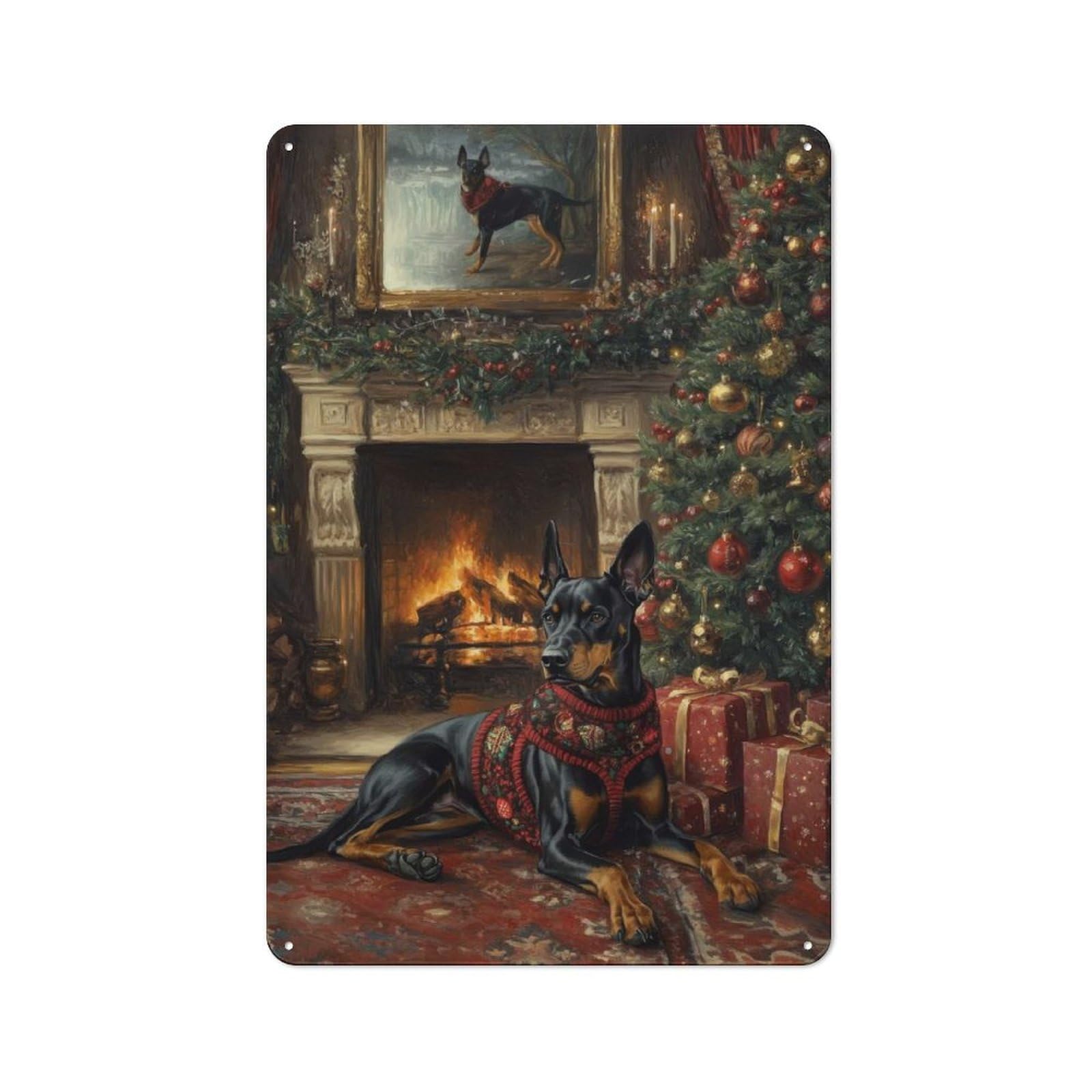 Junmoney Doberman In Festive Sweater Dog Christmas Po For Café Or Restaurant, Rtrait By Fireplace Vintage Metal Sign 30X20cm, For Vintage Wall Decor Fans, For Cafés, Pubs And Restaurants