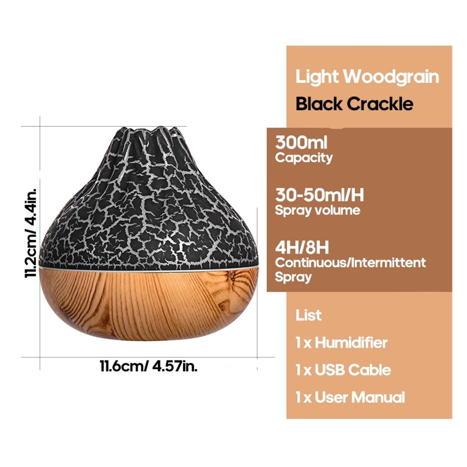 Nawilżacz powietrza do sypialni, 300 Ml Volcano Nawilżacz Powietrza Biurkowy Elektryczny USB Dyfuzor Mgiełki Wodnej Oczyszczacz Odświeżacz Powietrza Z 7 Kolorami Nocnymi,do domu i roślin(Black Crackl