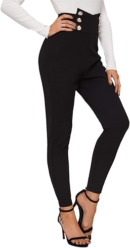 Miniatura 3 de SweatyRocks Women's Casual Skinny Leggings Stretchy High Waisted Work Pants Button Black