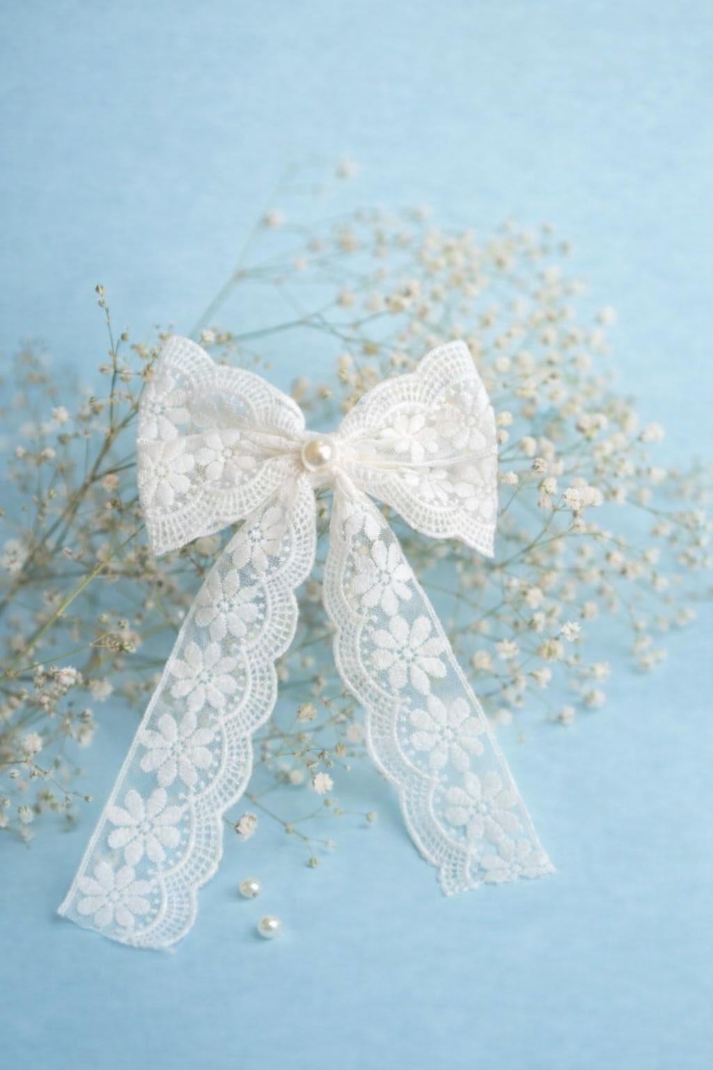 YALA Premium Lace Hair Bow Clip, White Floral Lace with Pearl Center, Scalloped Edge Design-image-35