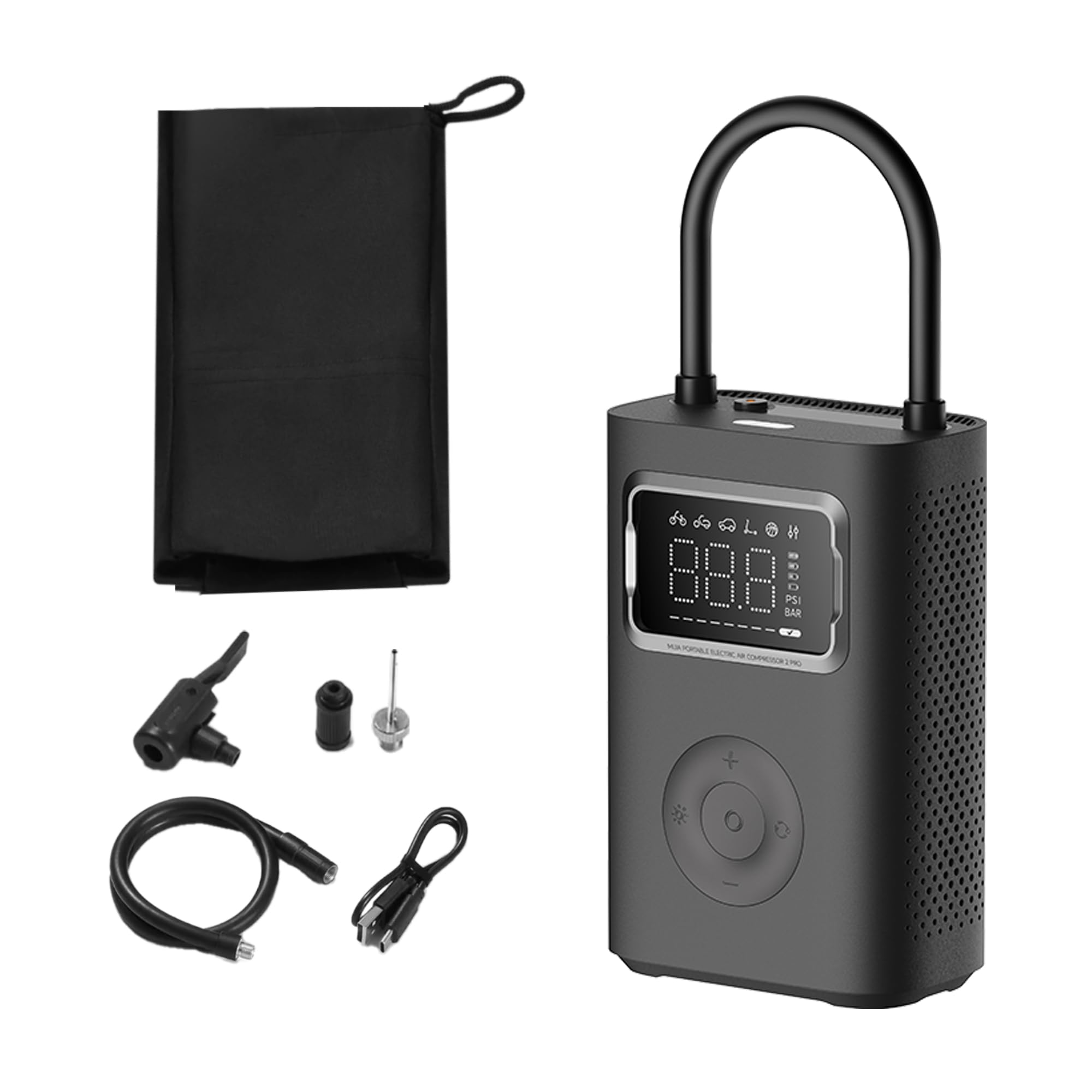 Samping view of the Xiaomi Portable Electric Air Compressor 2 Pro, showing its compact design, digital display, and integrated handle/hose.