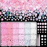 9000 Pcs Flatback Nail Pearl and Jelly Resin Rhinestones for Crafting, Mixed Size 3-8mm Resin Rhinestones and Pearls Nail Jewels, Pink White Flatback Bedazzling Gems Jewels for Crafts Clothes Shoes