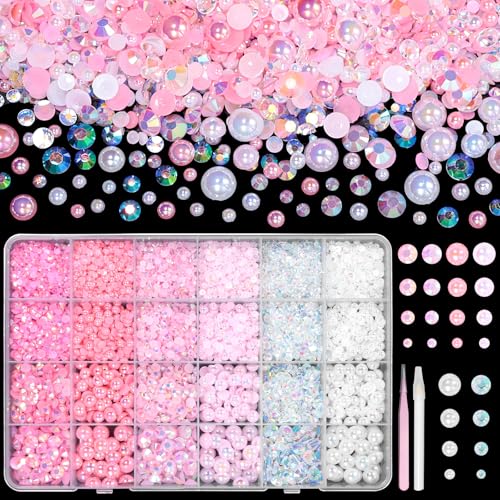 9000 Pcs Flatback Nail Pearl and Jelly Resin Rhinestones for Crafting, Mixed Size 3-8mm Resin Rhinestones and Pearls Nail Jewels, Pink White Flatback Bedazzling Gems Jewels for Crafts Clothes Shoes