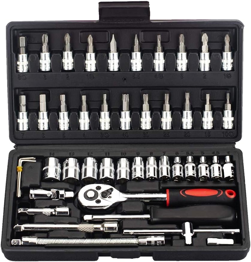 LATERN 46 Pièces Kit de Prise et Clé - 34 Embouts et Tournevis pour Douille 1/4'' - Avec Tiges D'Extension, Cliquet Réversible À Dégagement Rapide,...