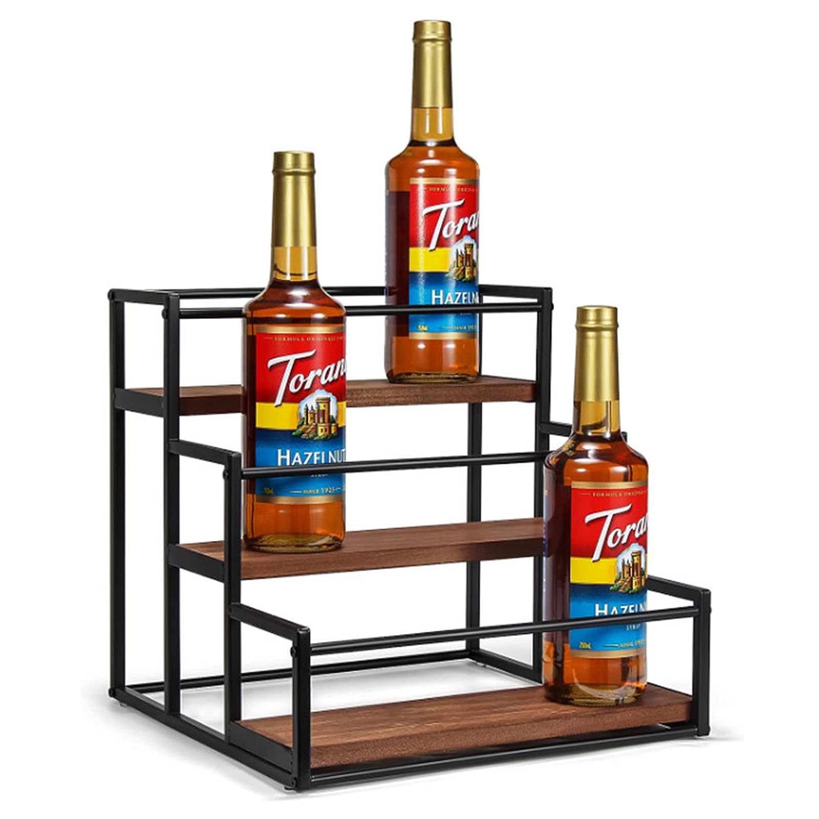 Scaffale per sciroppo di caffè,3 piani, 12 bottiglie,mensole da bar retrò,in legno rustico e filo metallico,supporto per stazione di caffè,per sciroppo, vino, condimenti