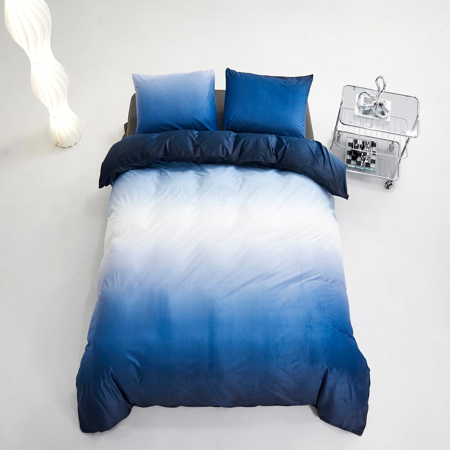 KAREVER Blue White Gradient Comforter Set - Queen Size Modern Plain White and Royal Blue Gradient Soft Quilt Farmhouse Flannel Comforter - Image 3