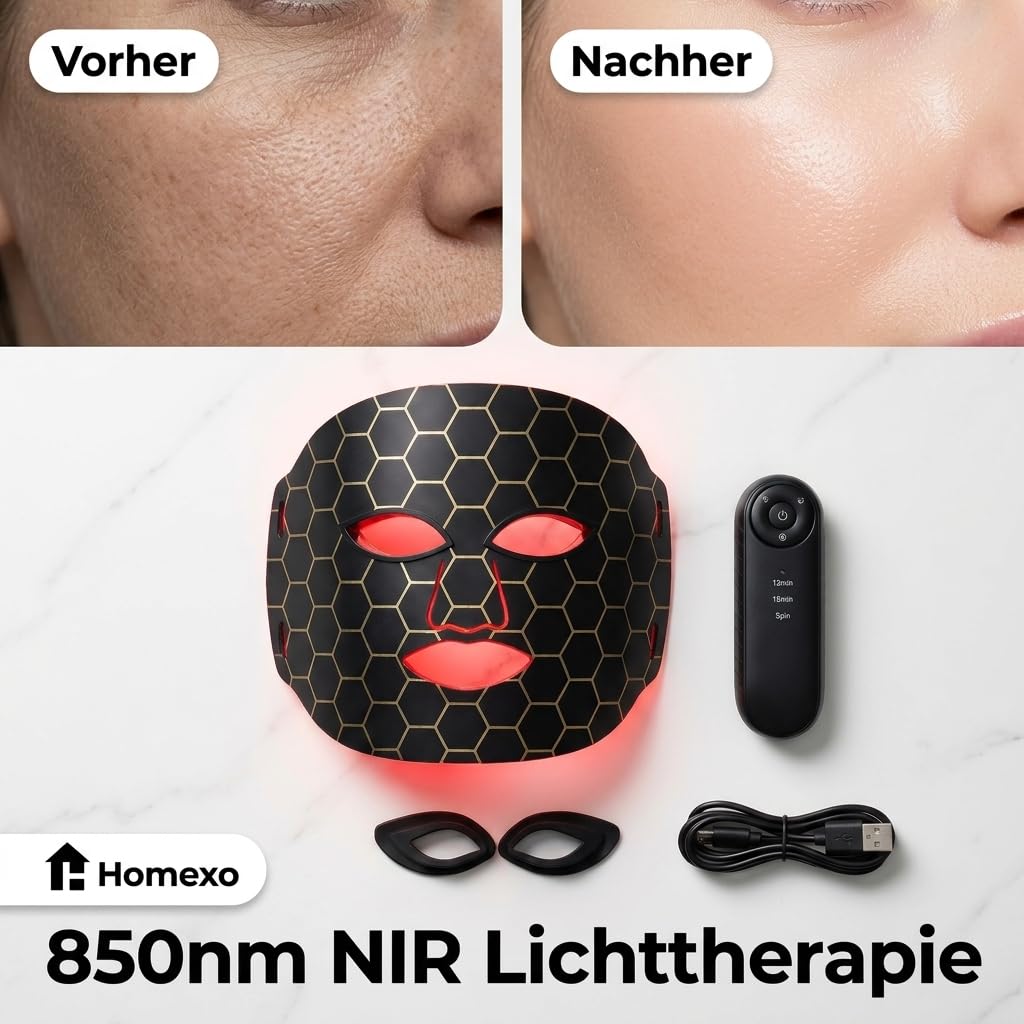 LED Gesichtsmaske Lichttherapie, Geprüfte Qualität, 7 Farben, 850nm NIR, Rotlicht für straffe Haut, Anti-Aging Beauty Maske mit Fernbedienung & Augenschutz