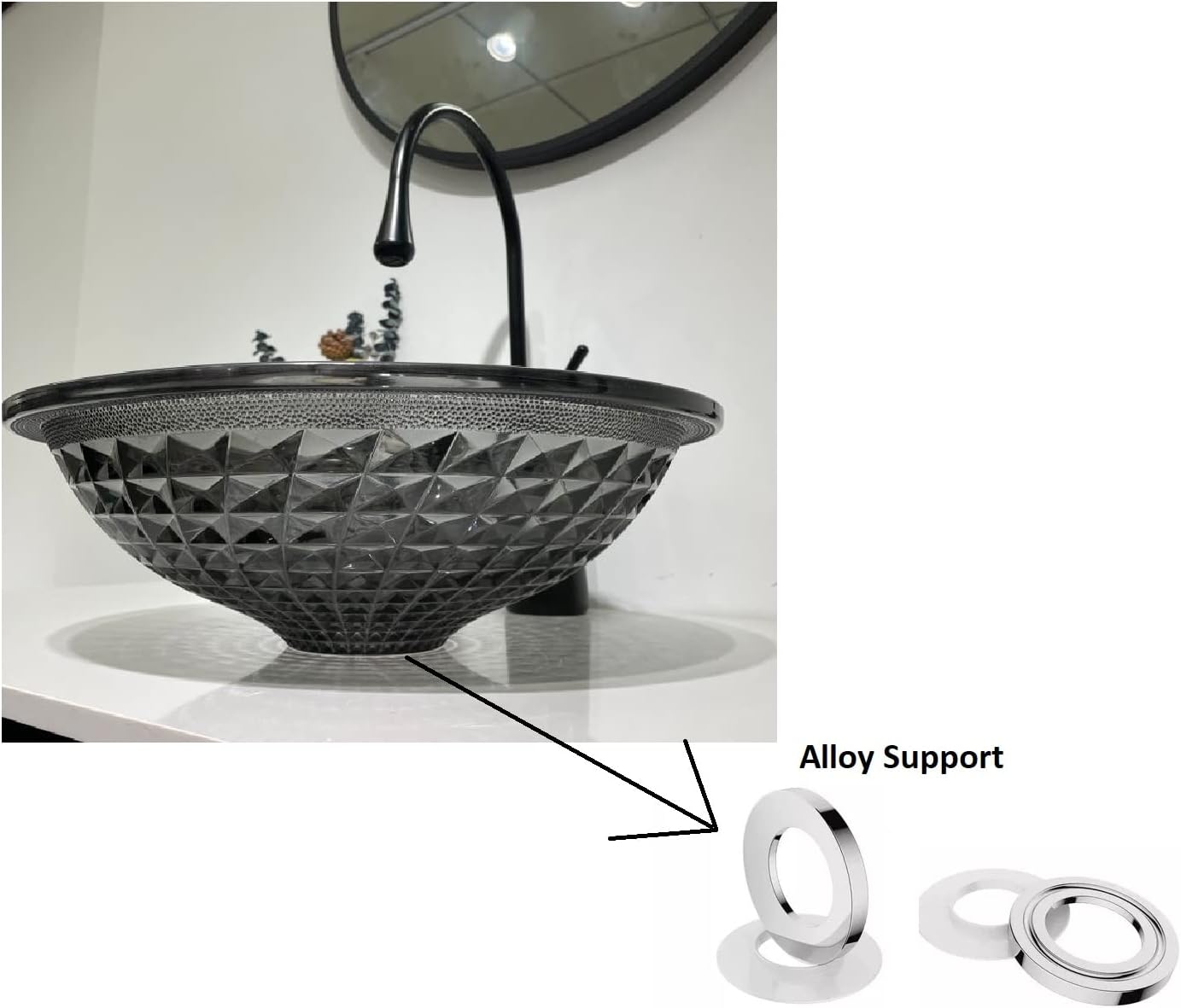 InArt Black Diamond Crystal Faceted Glass Vessel Sink Bowl, Round Countertop Bathroom Vanity Sink, Glossy Polished Finish, Easy-Clean Tempered Glass, 16.3 x 16.3 x 5.5 in