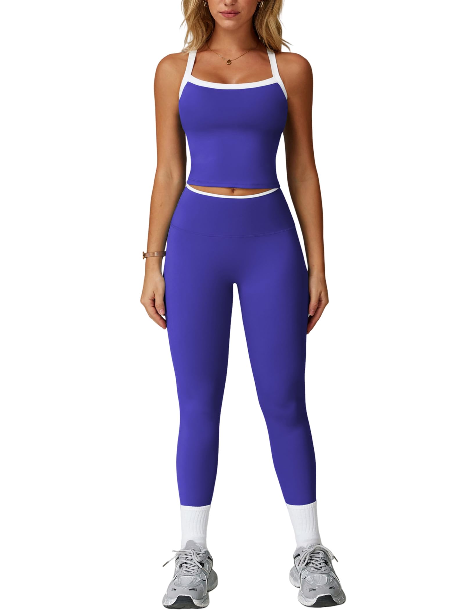 Womens Workout Sets Two Piece Cross Back Tank Top Matching High Waist Leggings Sets Gym Outfits Work Out Clothes