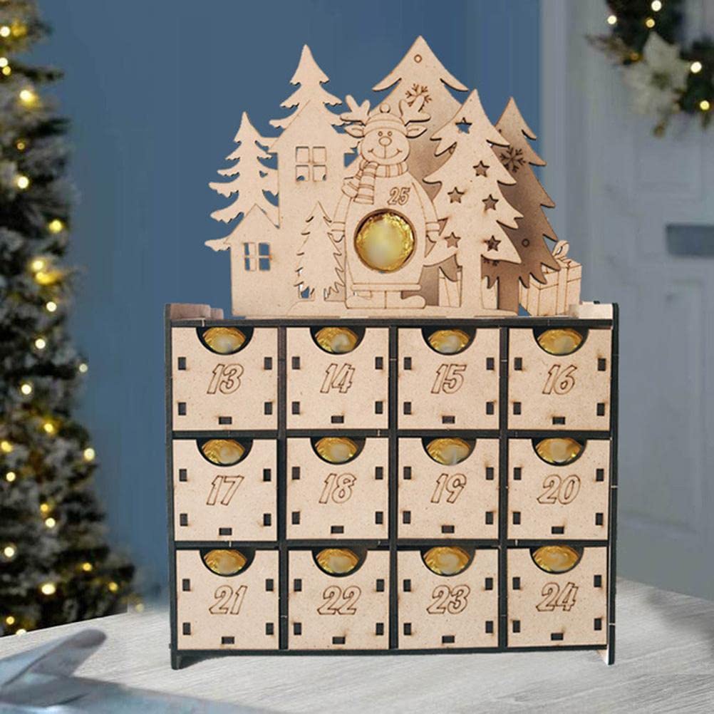 Calendario de Adviento de madera hecho a mano, cuenta regresiva de chocolate para Navidad, para niños, familia de Navidad reutilizable, color marrón