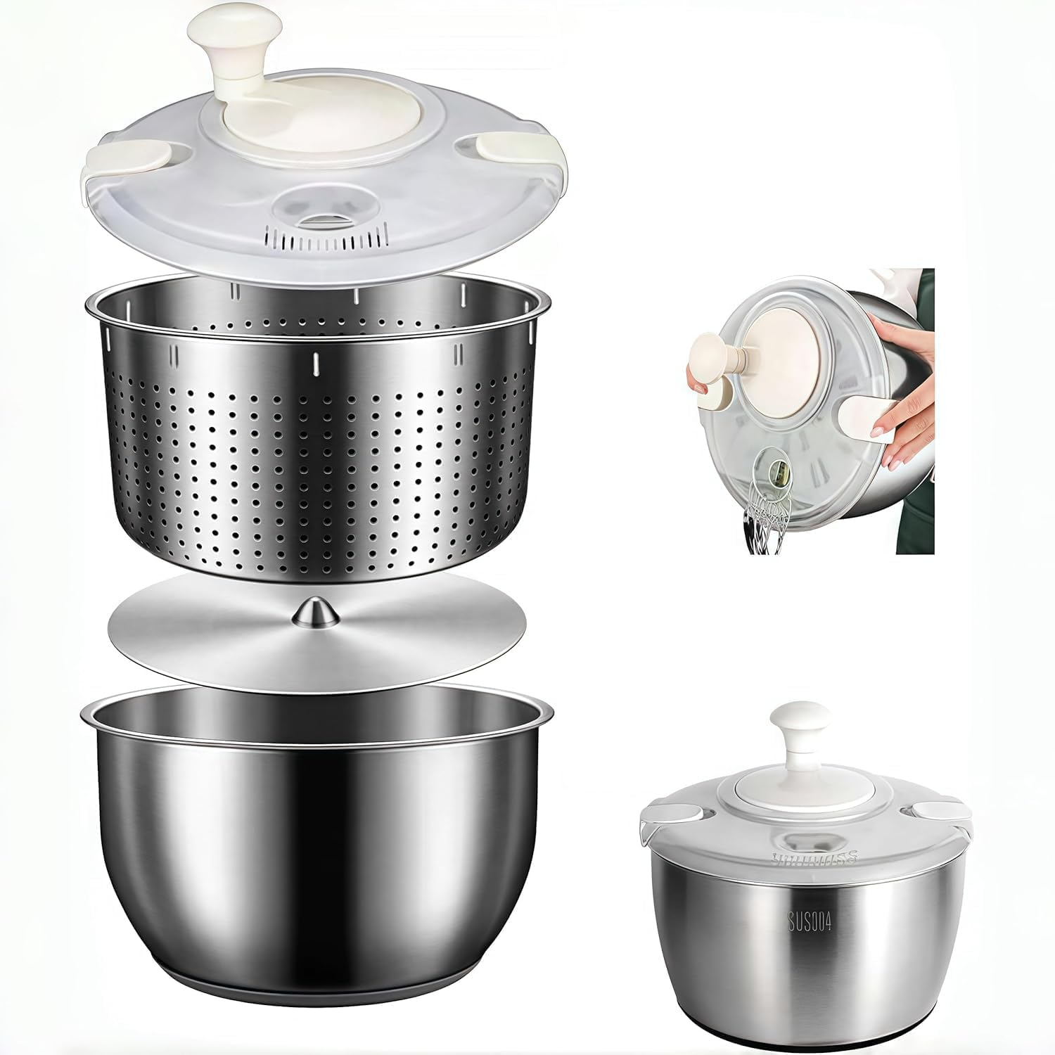 Centrifuga per insalata in acciaio inox da 6 l, multiuso, per frutta, verdura, scolapasta, centrifuga per insalata, centrifuga per frutta con uscita di drenaggio (A1)